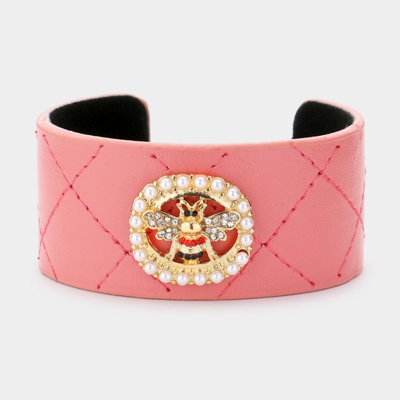 Pink Honey Bee Leather Pearl Trimmed Rhinestone Crystal Cuff Statement Bracelet - Picture 1 of 2